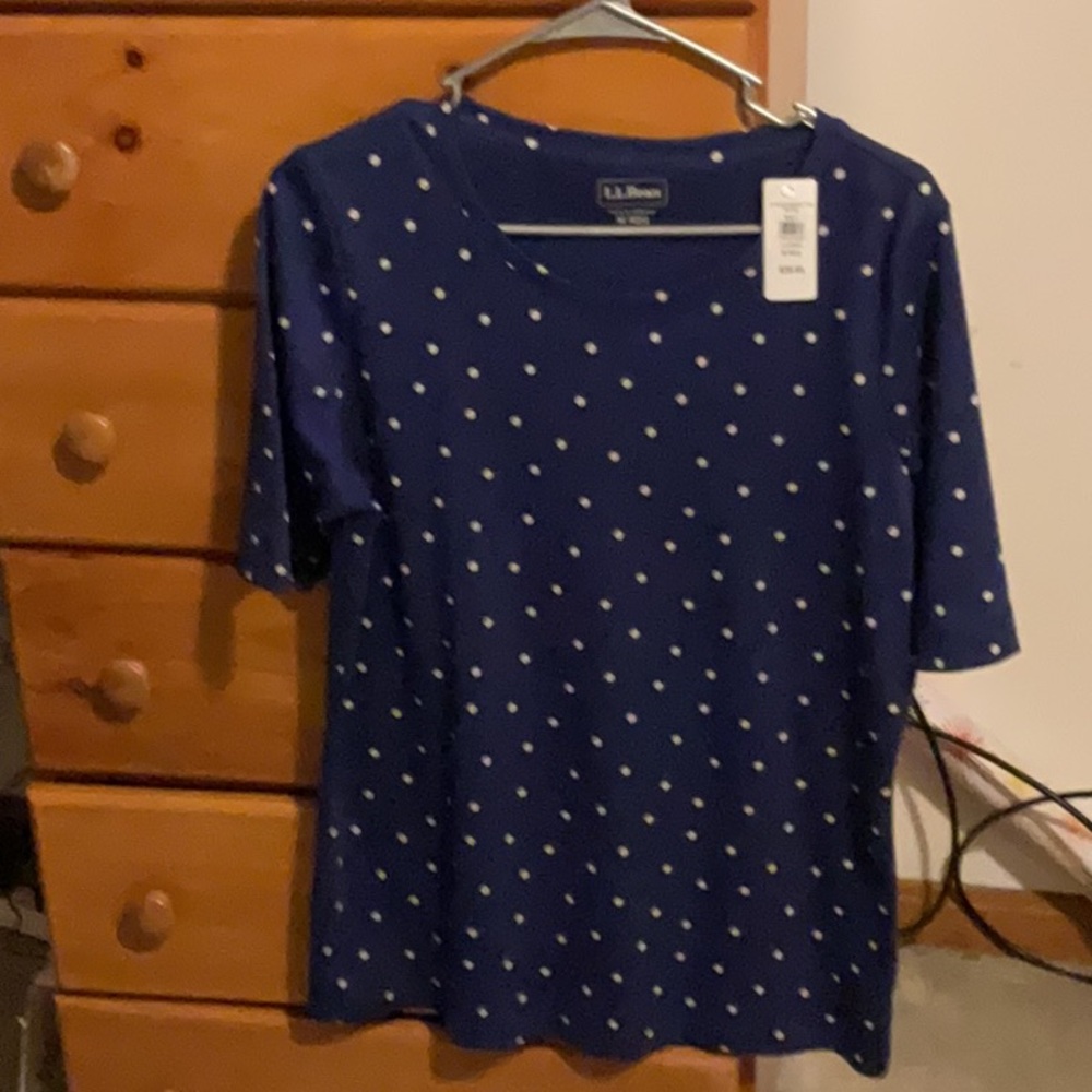 New L.L. Bean Blue Polka Dot Women's Jersey Top size M